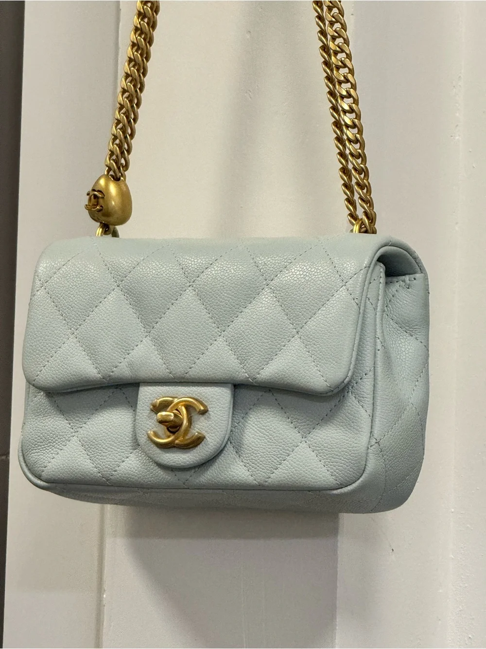 CHANEL- Light Blue Quilted Shoulder Bag with Gold Chain and Heart Crushed